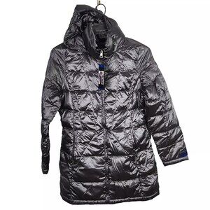 Andrew Marc Women Puffer jacket Front Zip Hooded Shine Granite Large